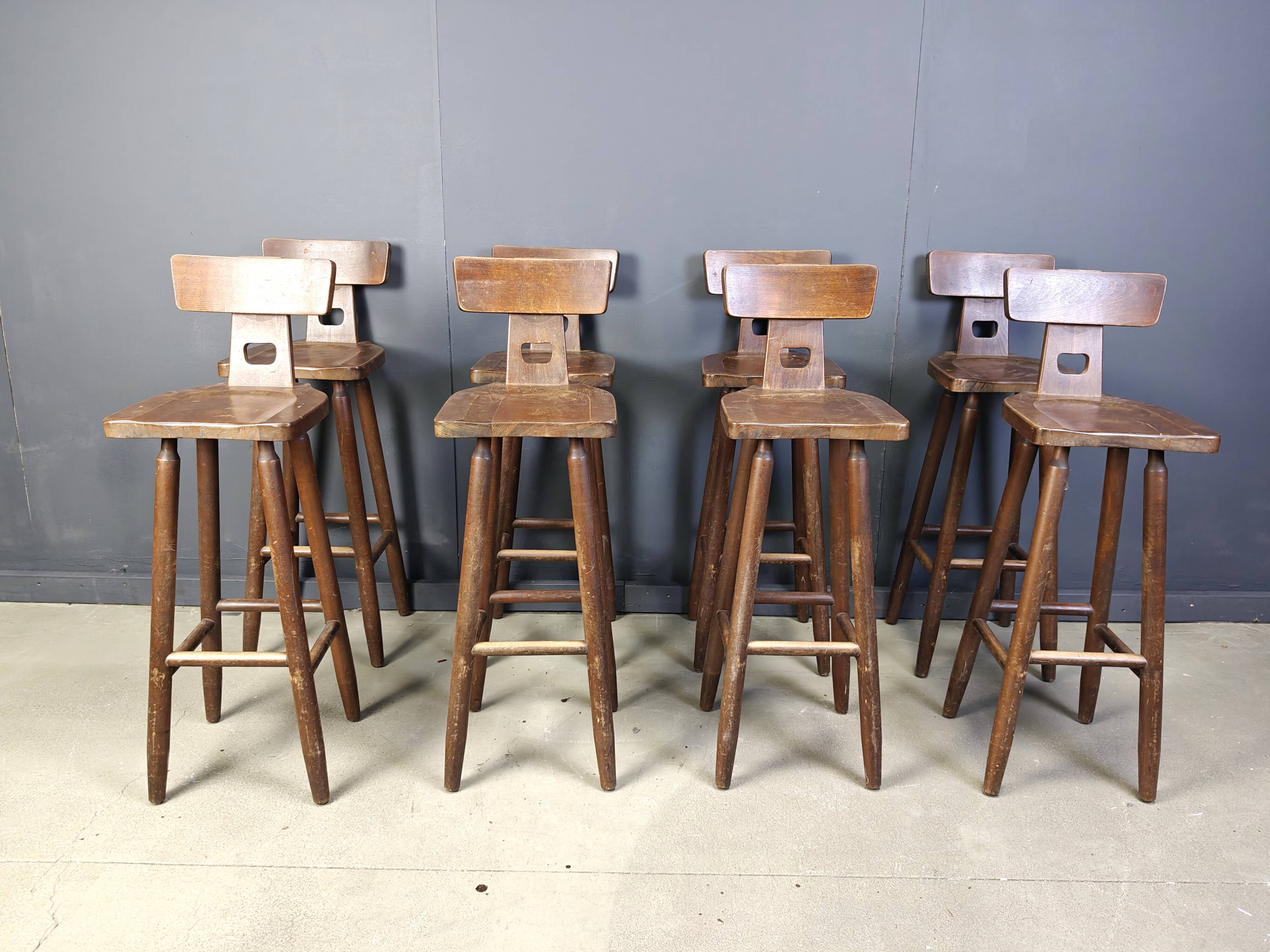 Set of 8 vintage brutalist bar stools, 1960s