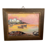 Small oil painting frame on panel Mediterranean landscape