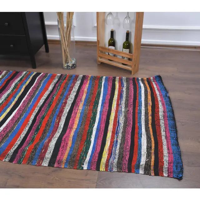 Vintage Turkish Hand-Knotted Wool Cotton Red Kilim Runner Rug 107x336