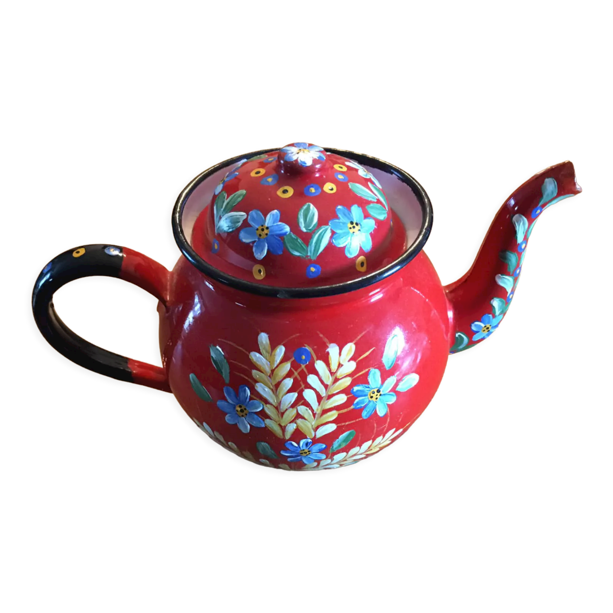 Red enamel teapot with hand-painted floral decoration
