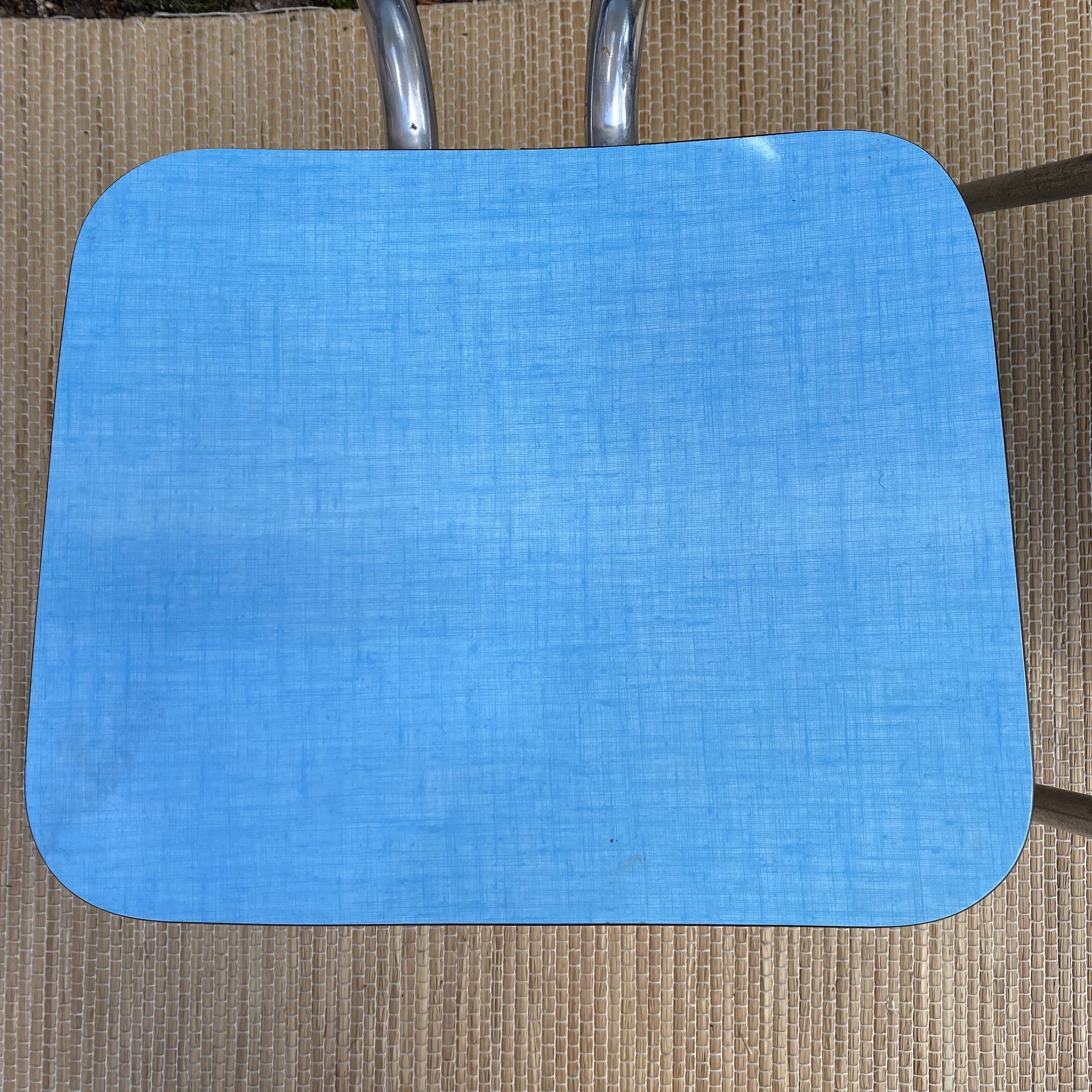 Extendable blue formica table and 2 chairs, 1960s