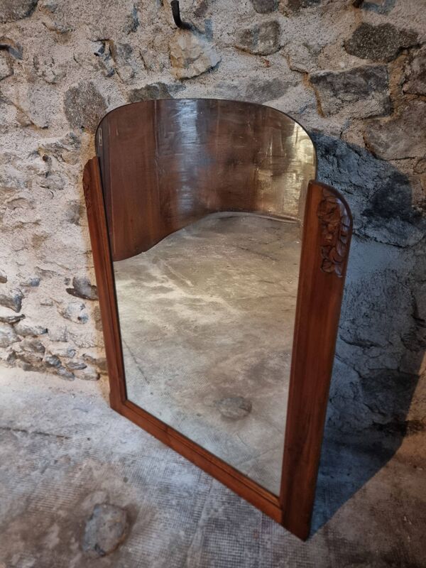 Miroir art déco français en noyer – miroir mural sculpté des années 1920 de France
