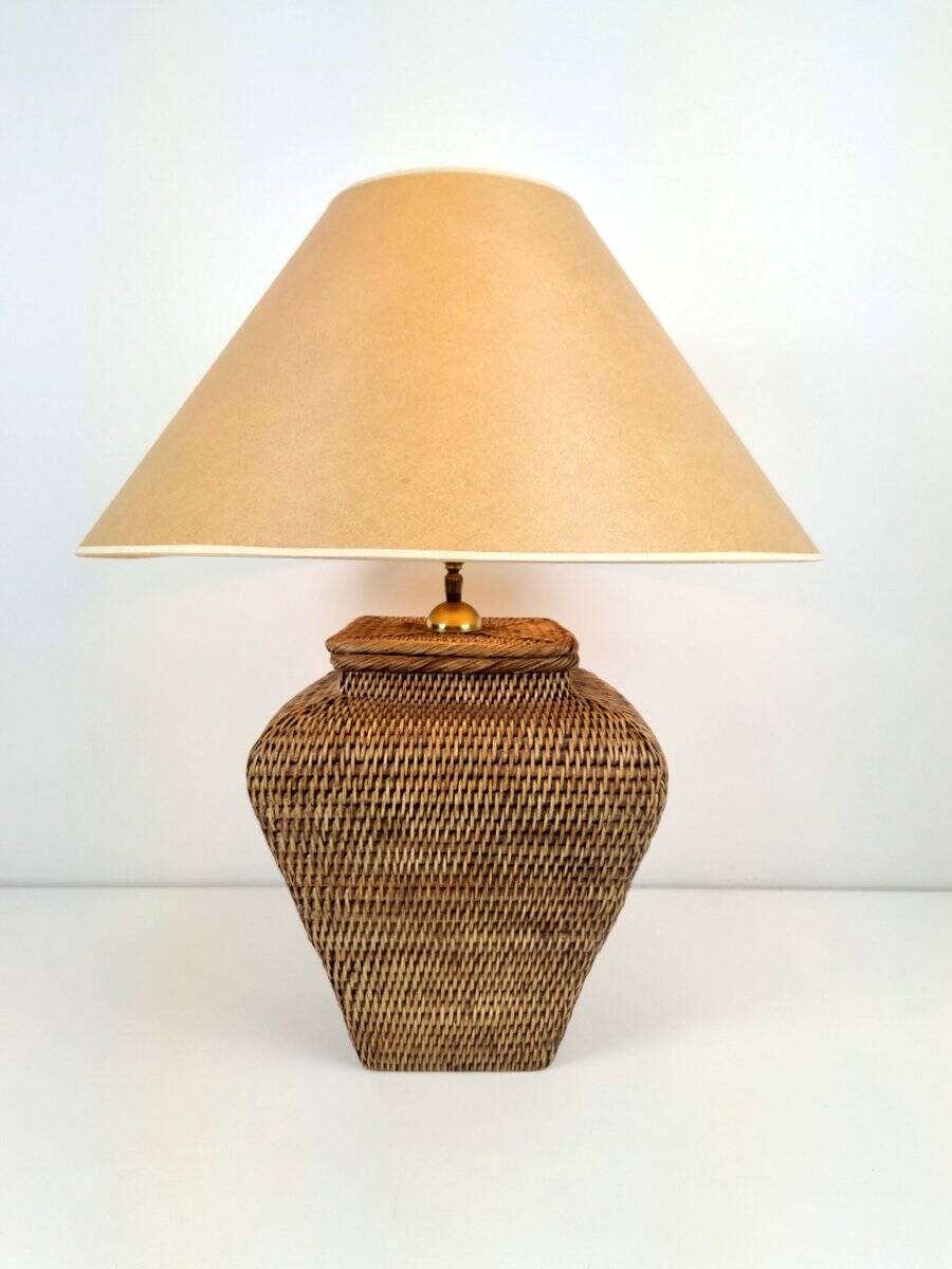 Large Hand Woven Wicker Rattan Table Lamp, France, 1970s