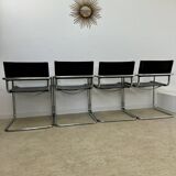 Lot of 4 tubular metal and black leather chairs MG5 Grassi style 70s