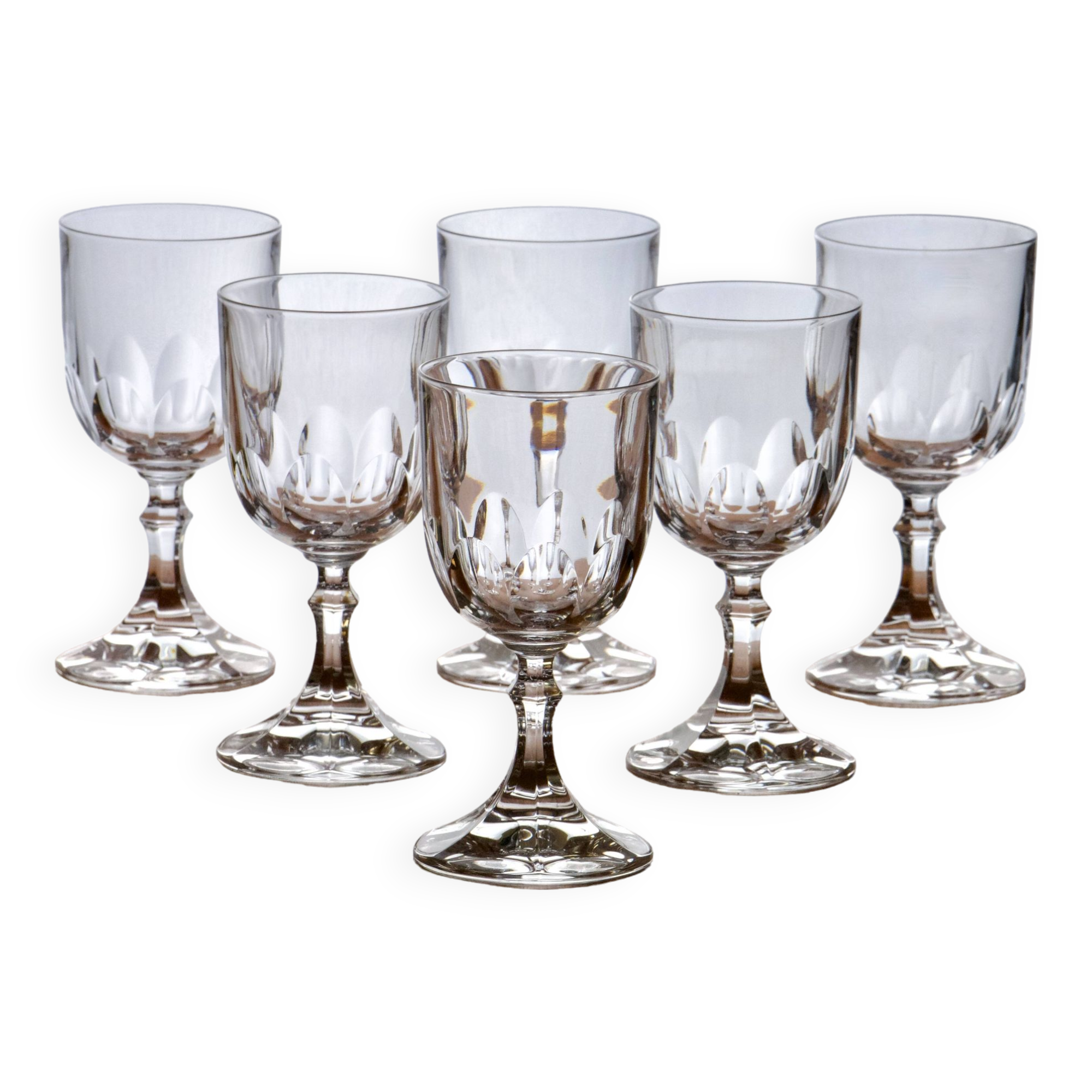 Set of 6 antique wine glasses in pearl-cut crystal
