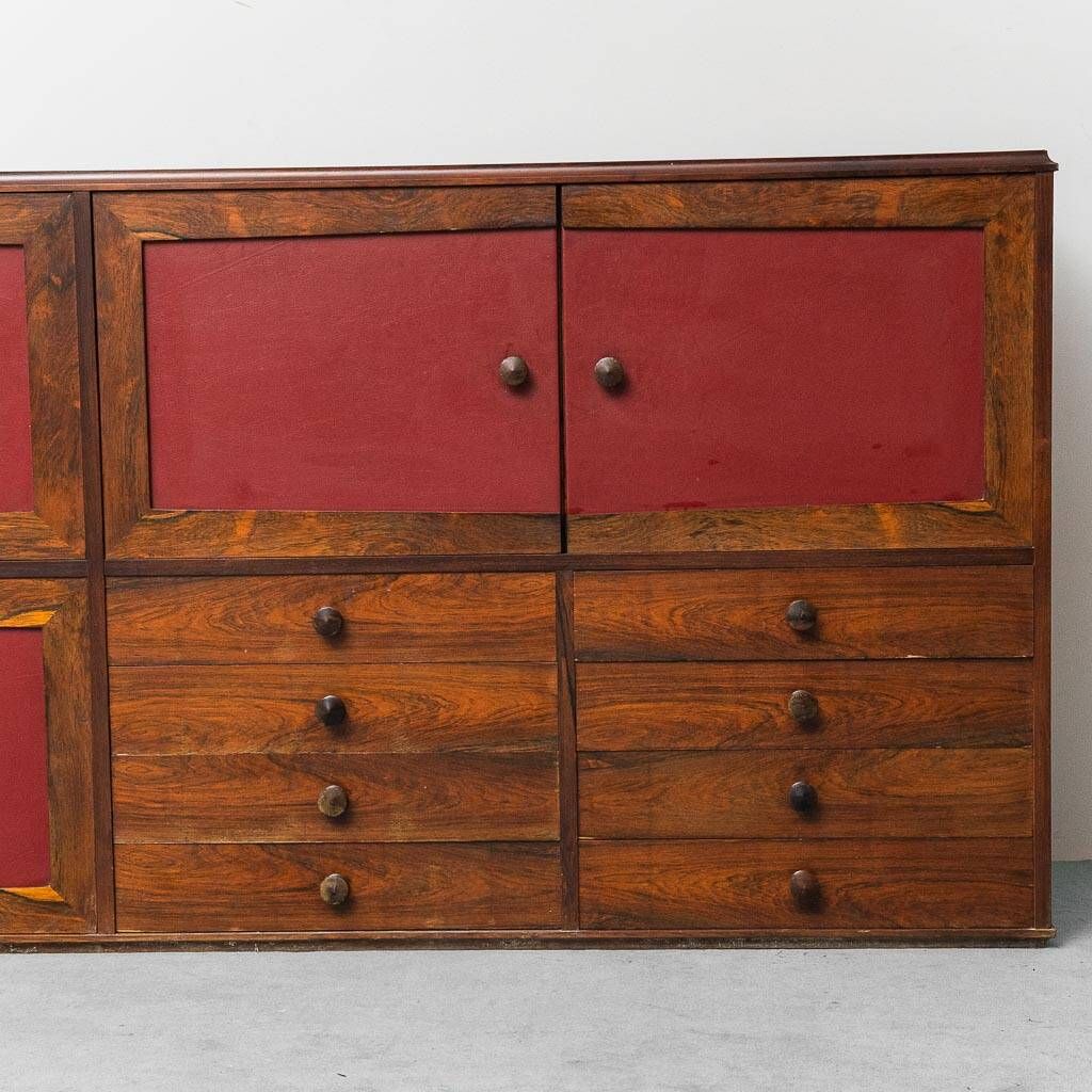 Scandinavian sideboard in dark red wood and leather, 1960s vintage modernism