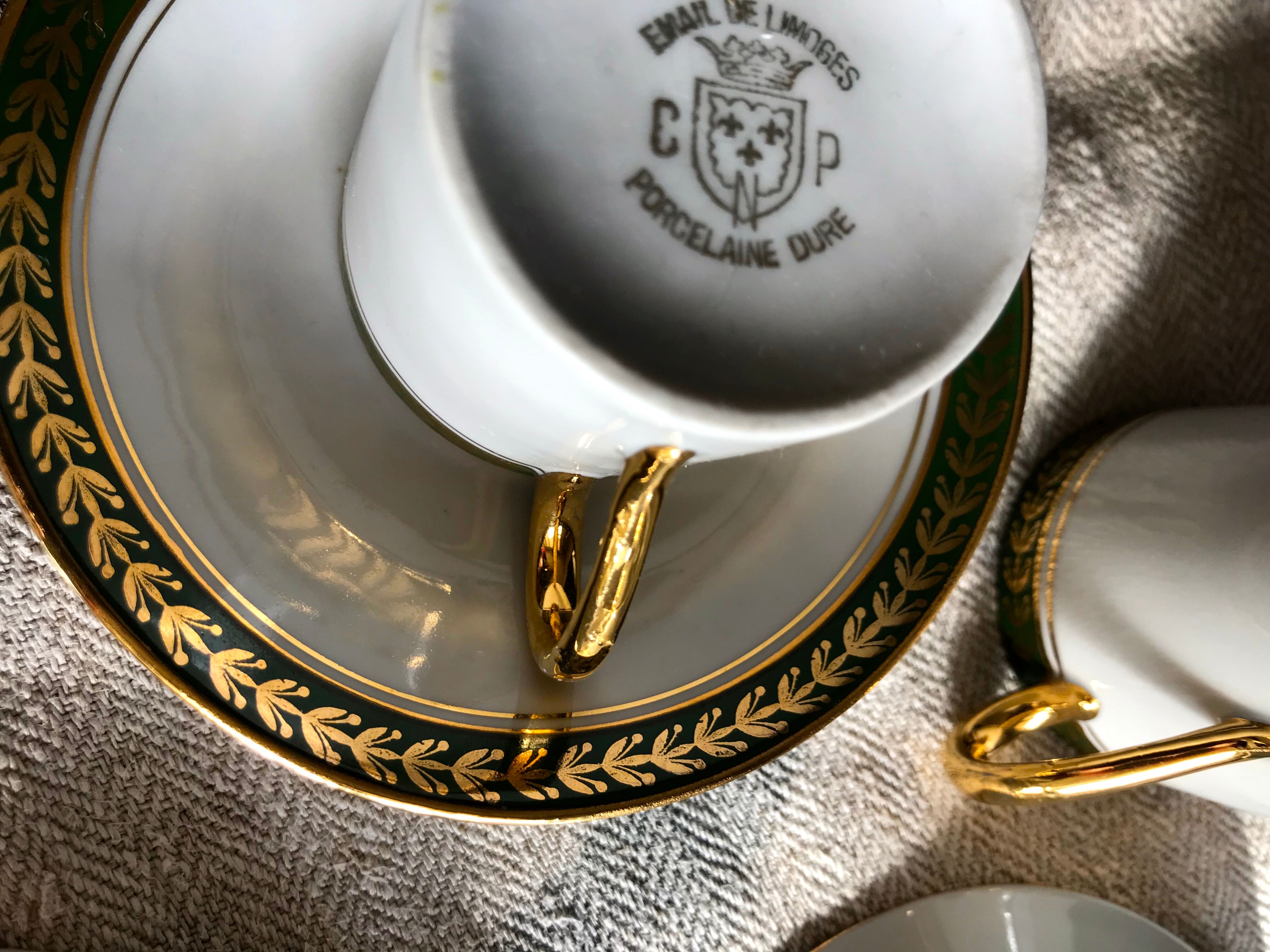 Vintage mocha set 5 coffee cups Napoleon porcelain white frieze green gold by hand