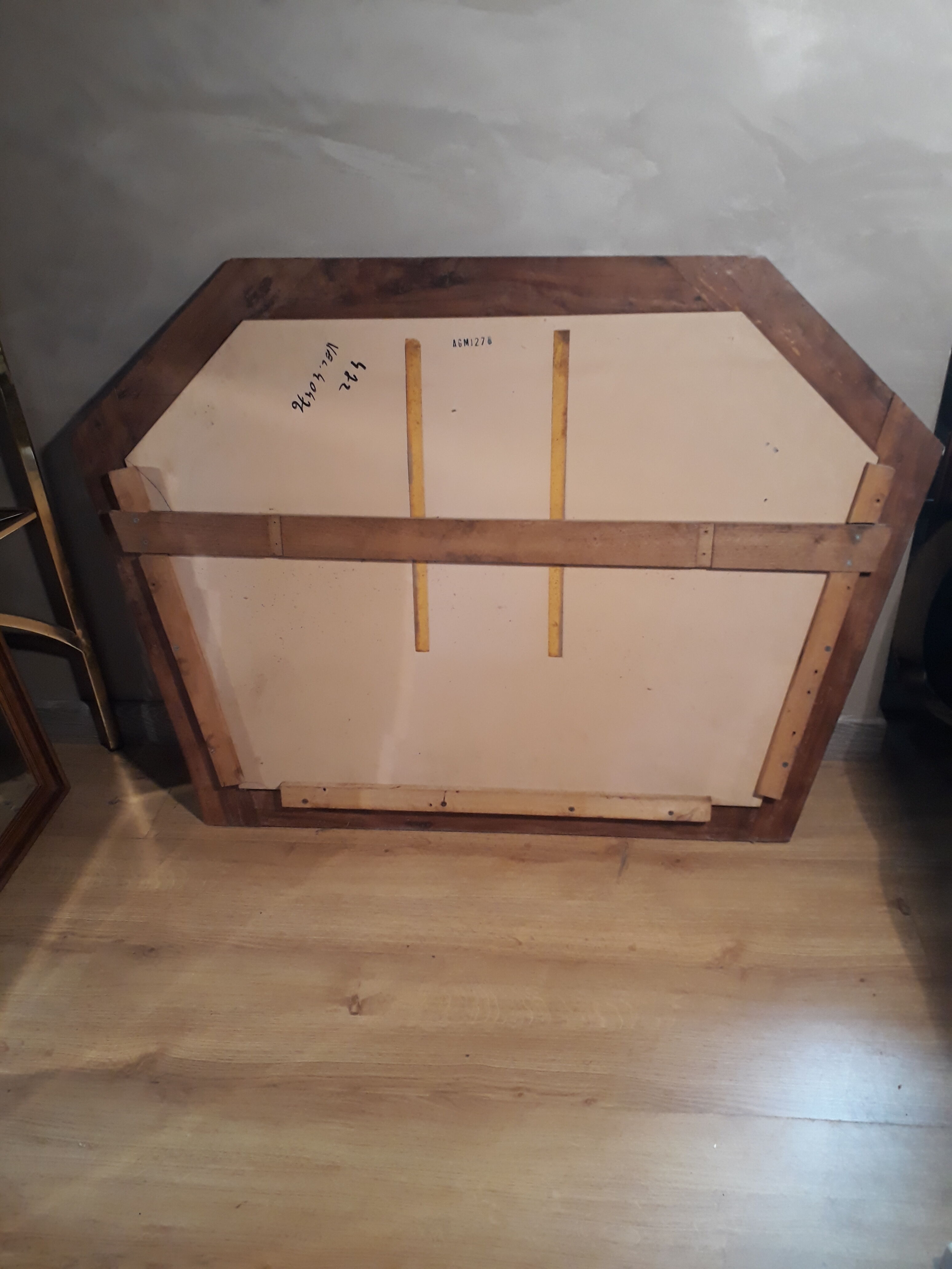 Large asymmetrical mirror fruit wood chevillié 1970 112x83cm