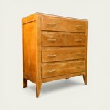 Vintage chest of drawers with tapered legs, solid raw oak, 1960.