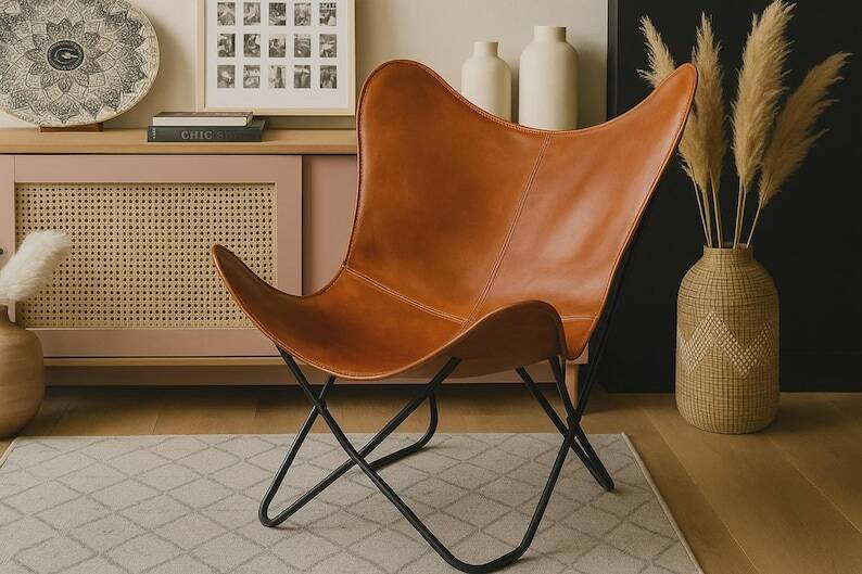 Handmade leather butterfly chair, modern lounge seating.