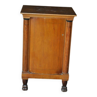 Biedermeier bedside table in brown walnut, 19th-century Hungarian antique furniture.