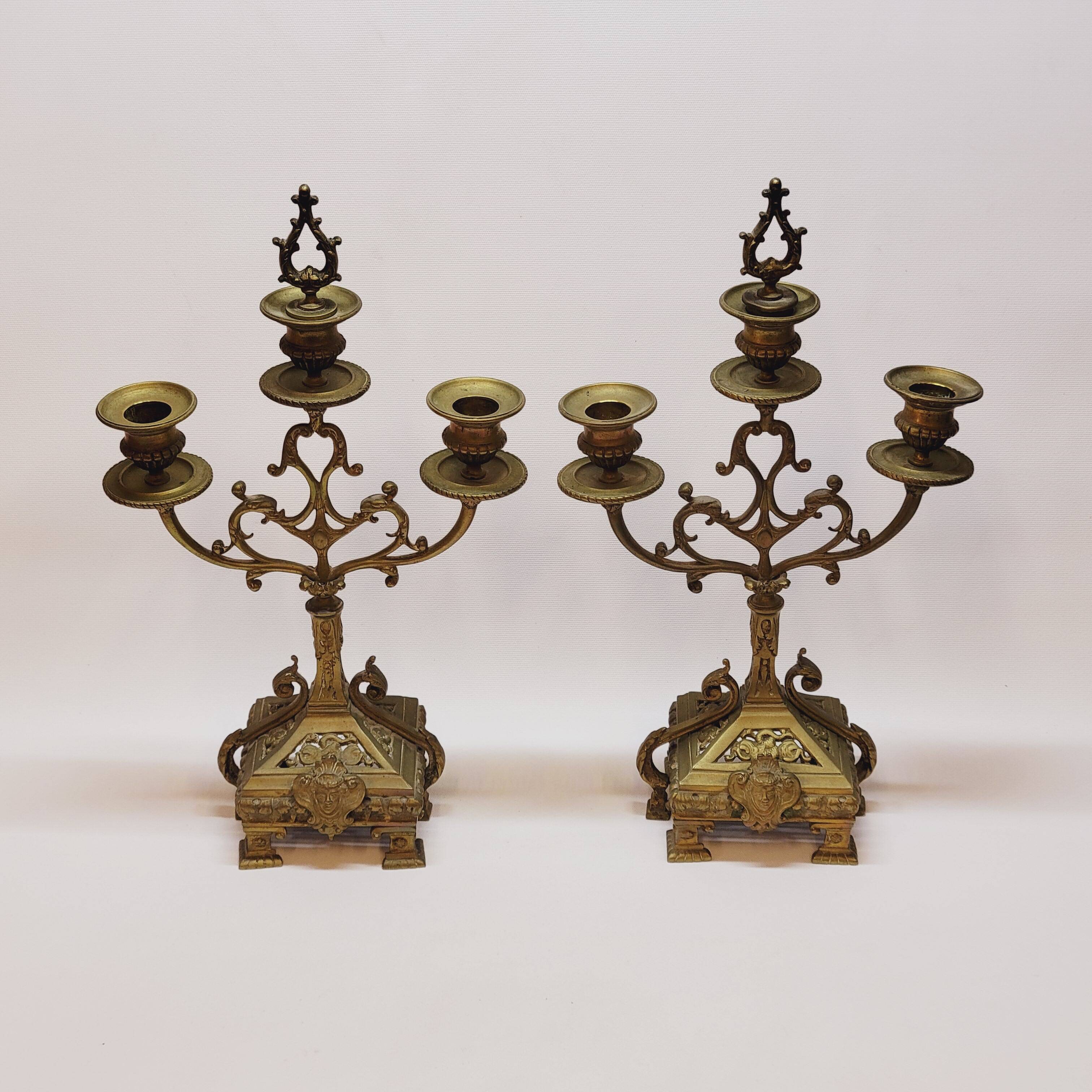 Old pair of 3 branched brass candlesticks
