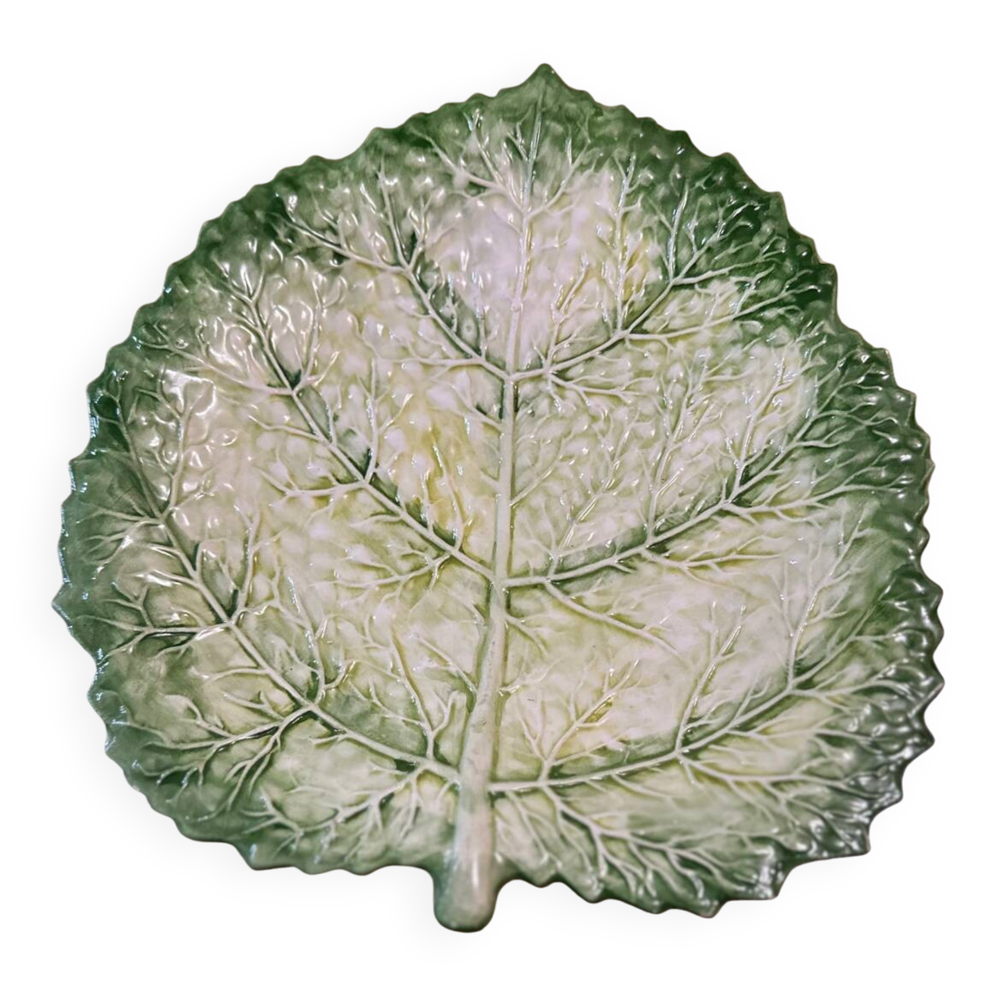 Vintage Signed GV Ceramic Barbotine Cabbage Leaf