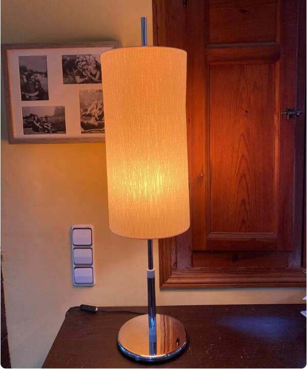 Vintage chrome metal table lamp with fabric in the style of Staff Leuchten, 1989.