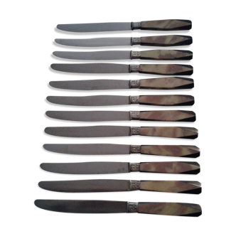 12 ART DECO KNIVES.  bi-color handle