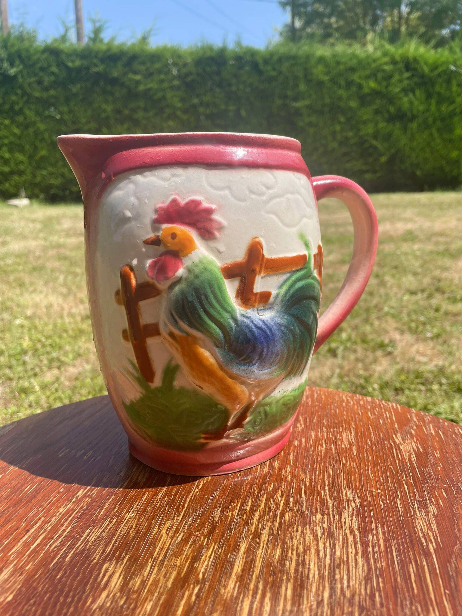 French earthenware rooster slip carafe / pitcher