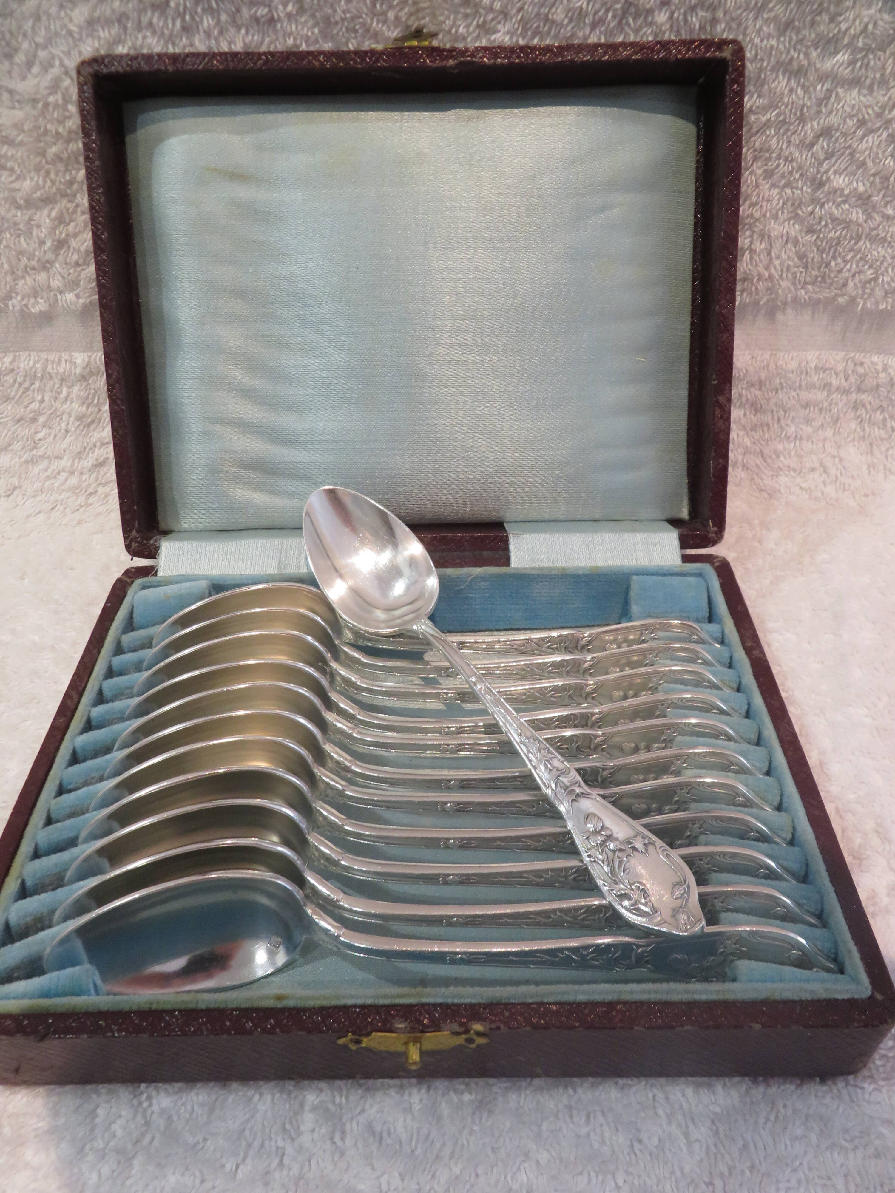 12 silver-plated coffee spoons by Boulenger, Art Nouveau thistles