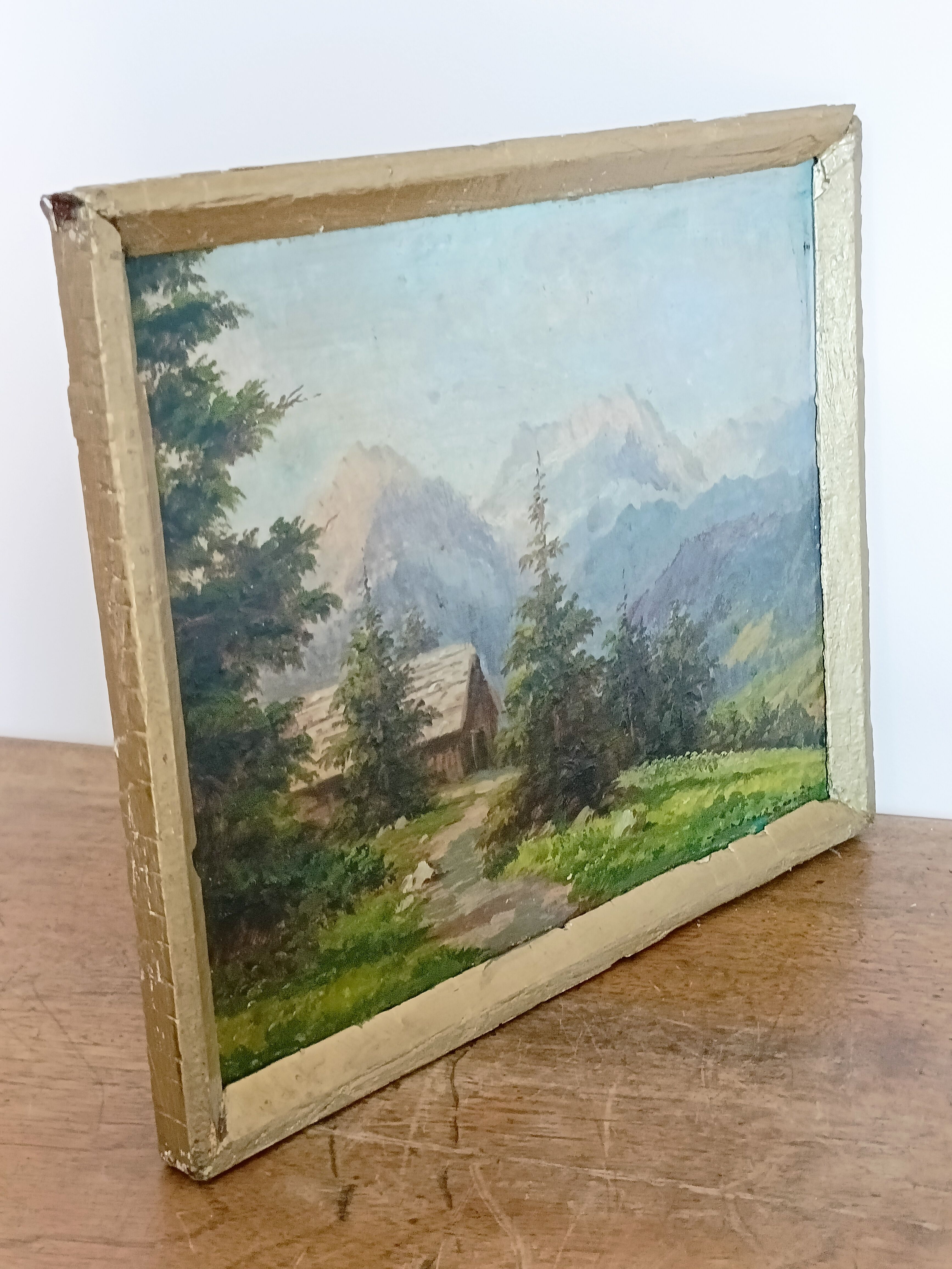 Oil on panel painting, signed K. Vukovic mountain landscape and chalet