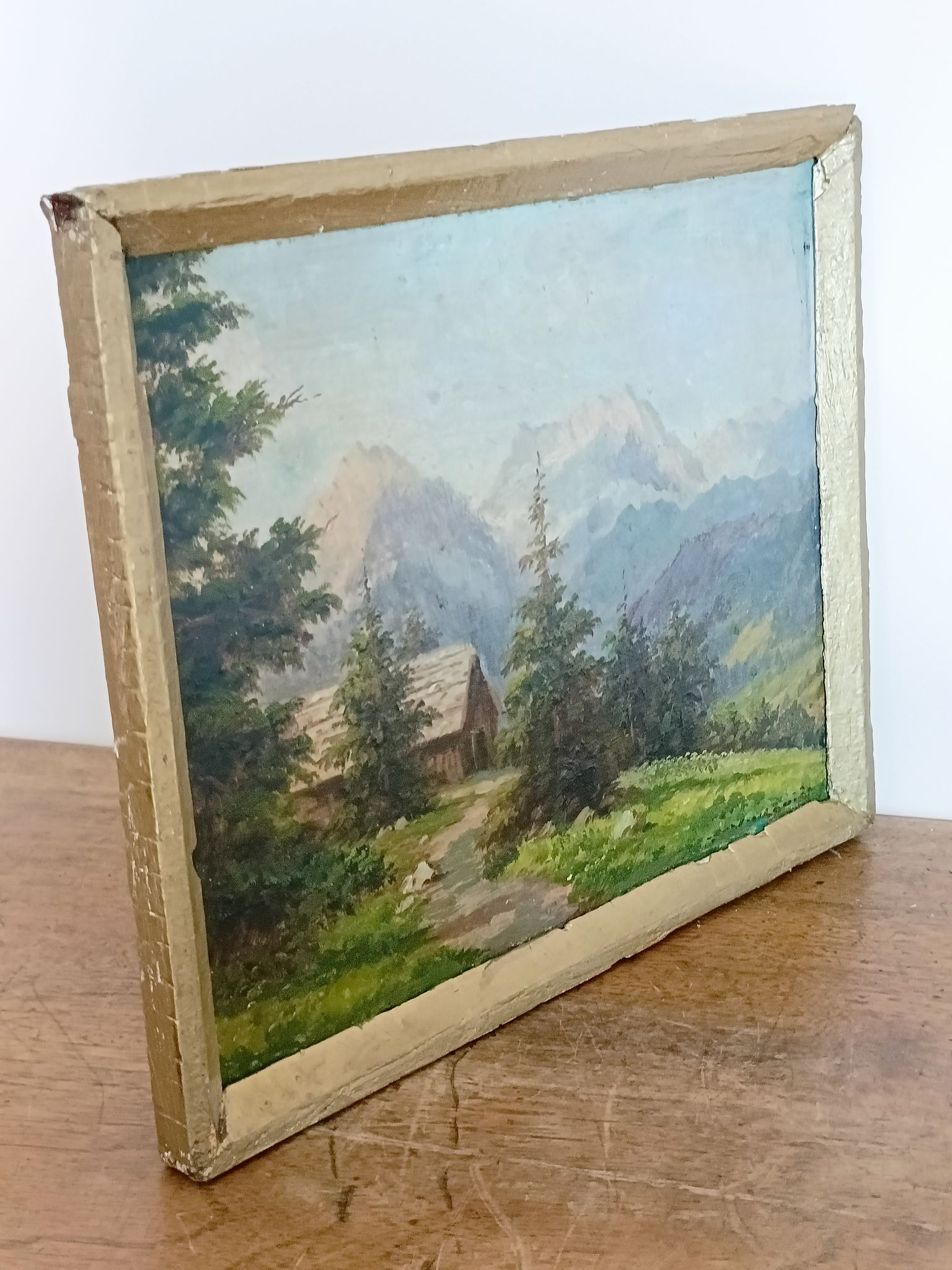 Tableau huile sur panneau, signé K. Vukovic paysage montagne et chalet