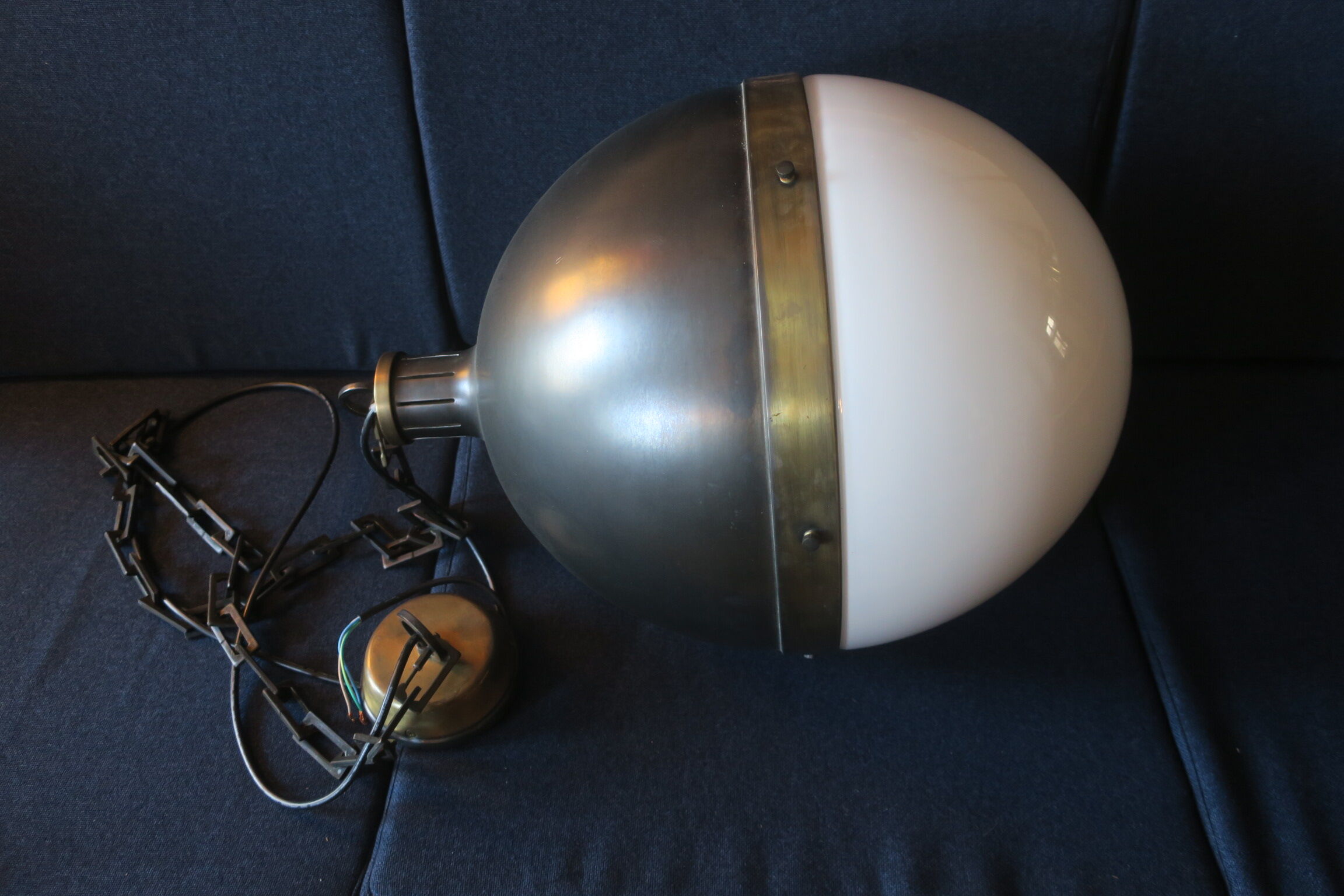Large Hicks bronze and milk glass pendant light by Thomas O'Brien, USA