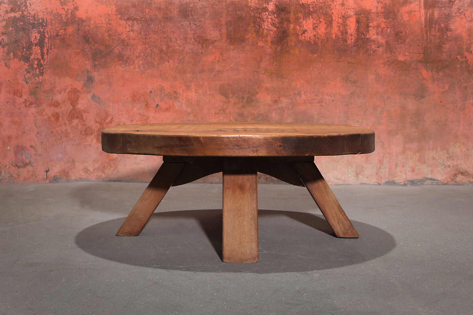 Brutalist Massive Robust Oak Round Coffee Table, 60s