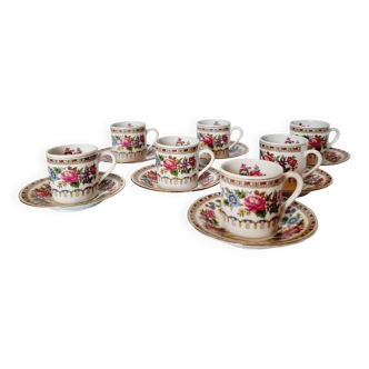 Set of 7 French Porcelain Coffee Cups with Floral and Gold Decor