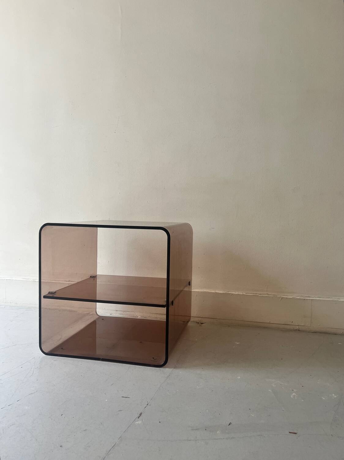 Side table/bedside table in smoked plexiglass, M.Dumas for Roche Bobois 1970
