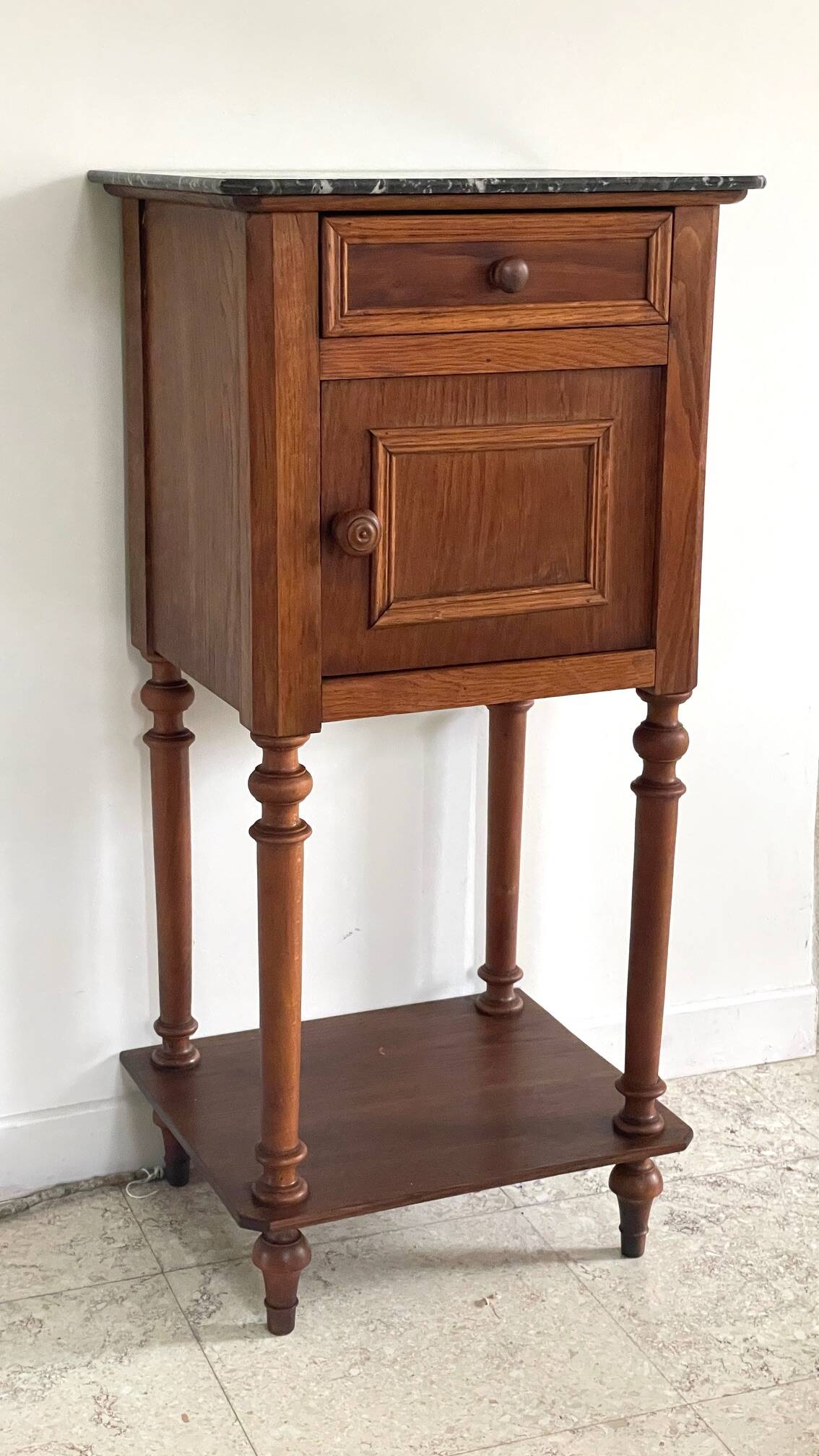 Antique bedside table in wood and marble