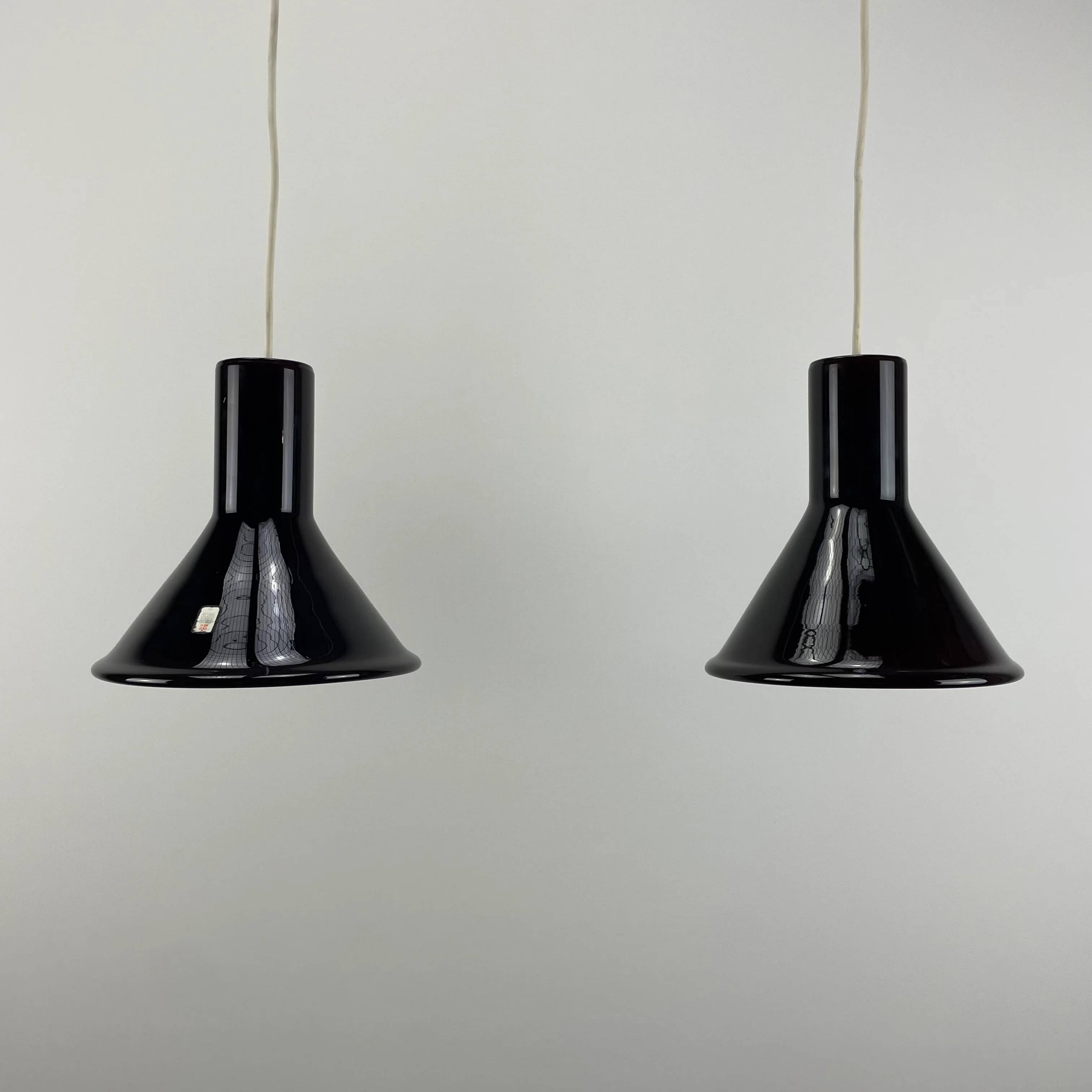 Pair of MINI glass purple pendants by P&T by Michael Bang for Holmegaard 1970