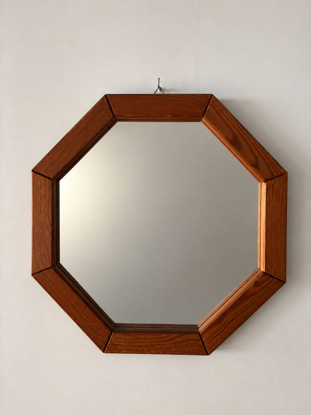 Vintage Octagonal Wooden Wall Mirror – 1970s Geometric Design