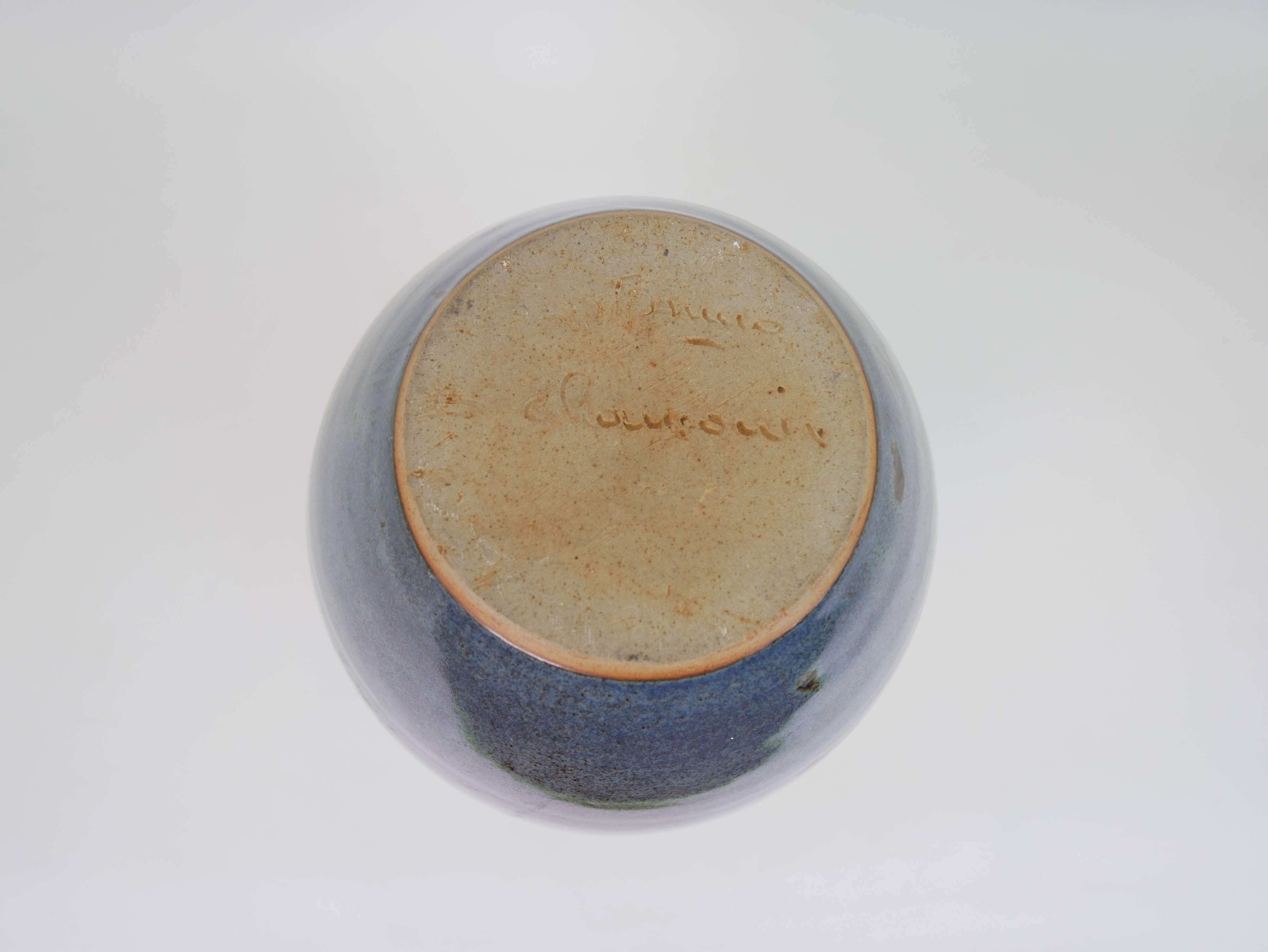 Large blue glazed ceramic vase signed under the base