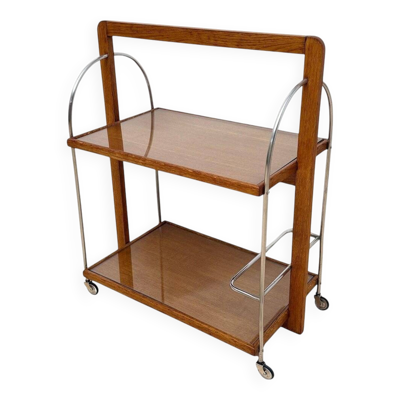 Chariot de service Art Déco en chêne, chrome et verre, France, 1930