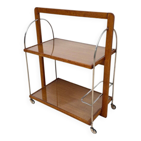 Chariot de service Art Déco en chêne, chrome et verre, France, 1930