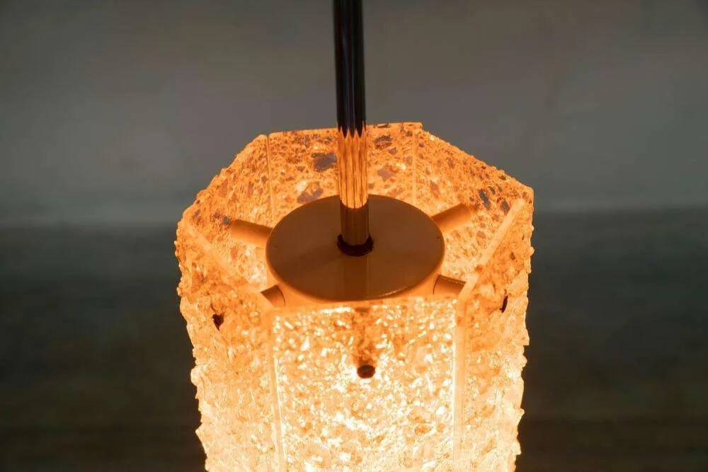 Vintage hexagonal glass and chrome pendant lamp from the 1960s.