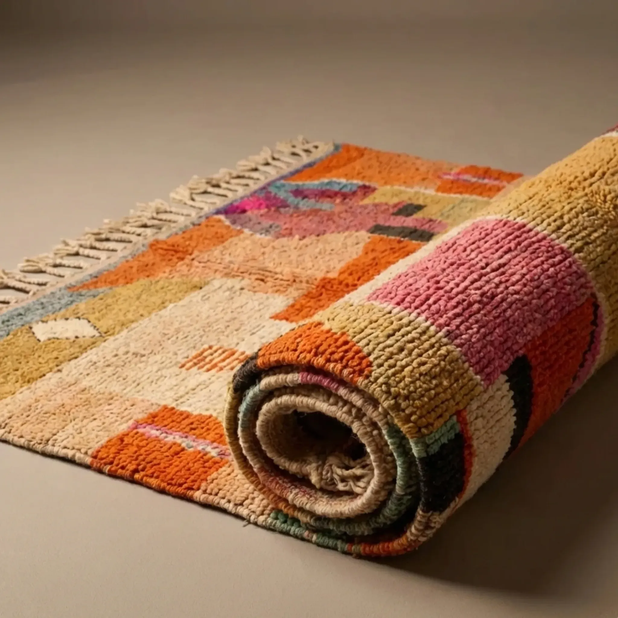 Moroccan handwoven wool rug in colour block peach, pink, teal, and orange, 122x183 cm.