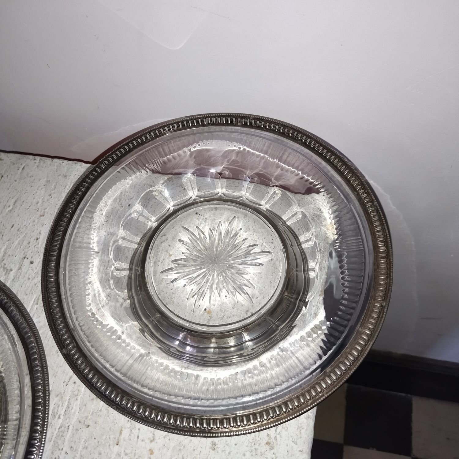 Pair of cutting trays cut glass solid silver