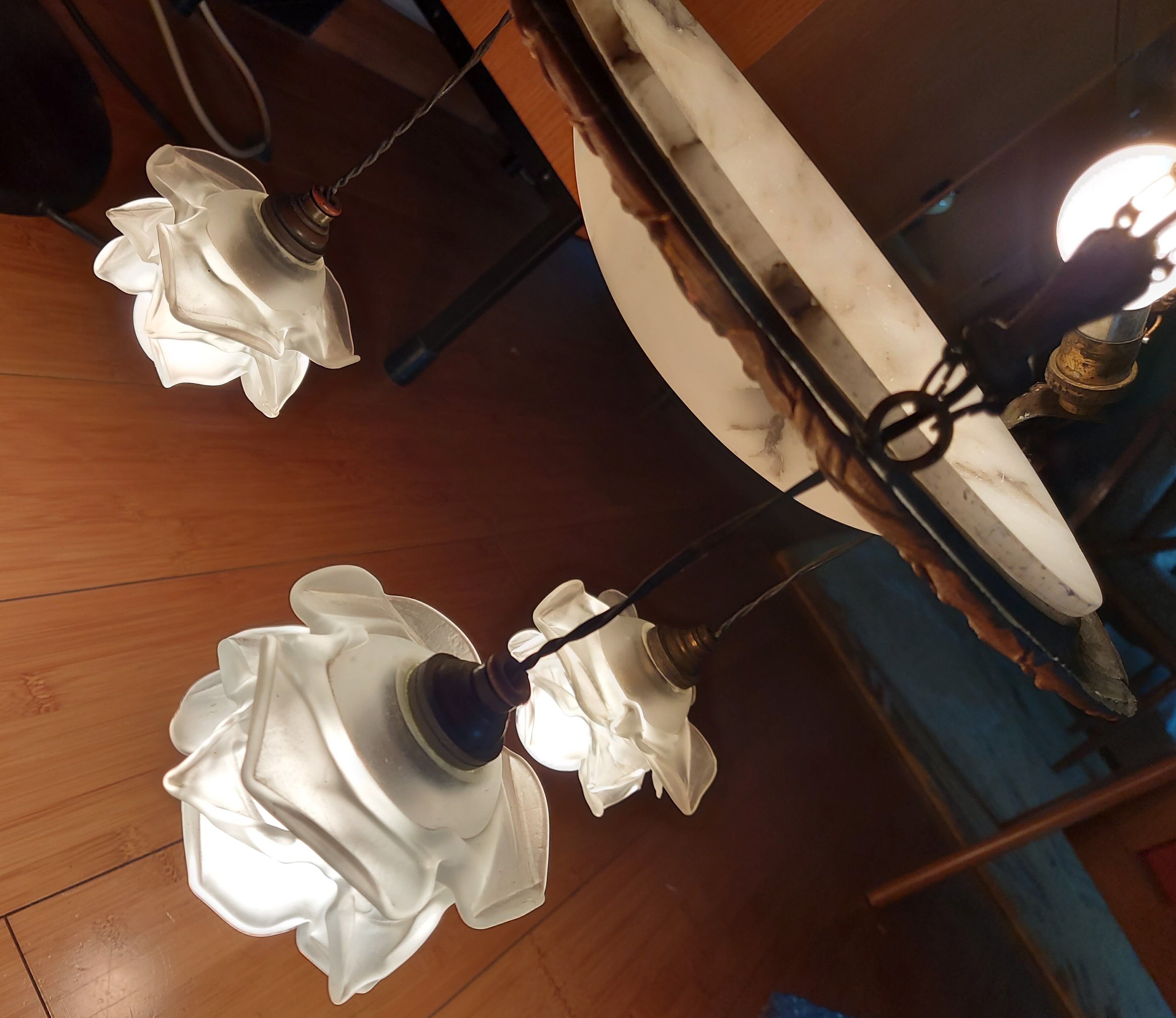 art nouveau chandelier, alabaster shells, molded glass and bronze