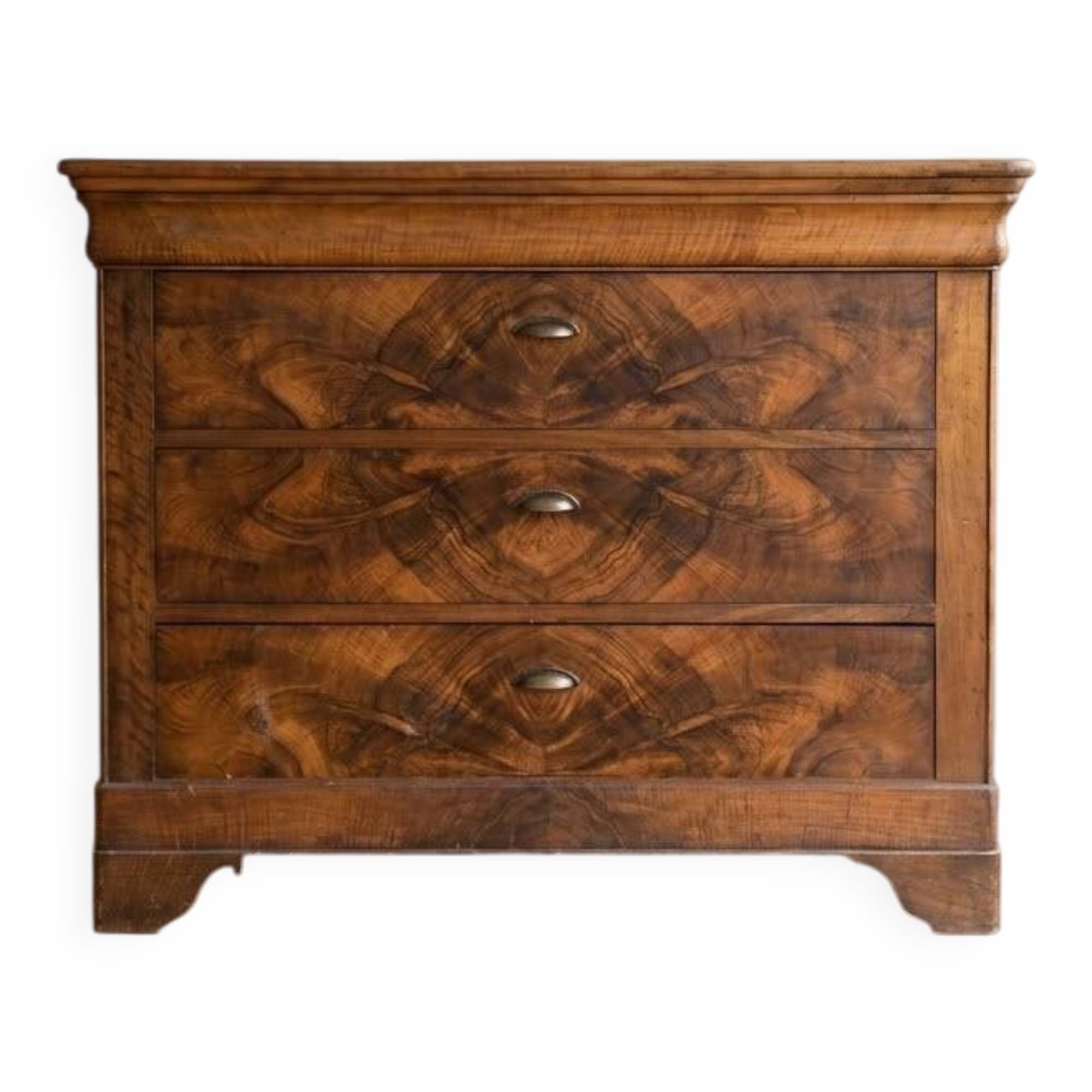 Antique walnut chest of drawers with three drawers.