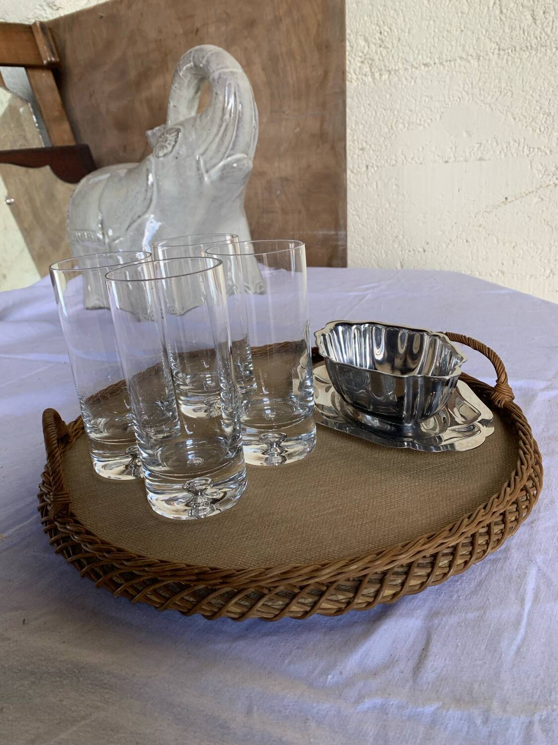 Woven wicker serving tray - 1970s