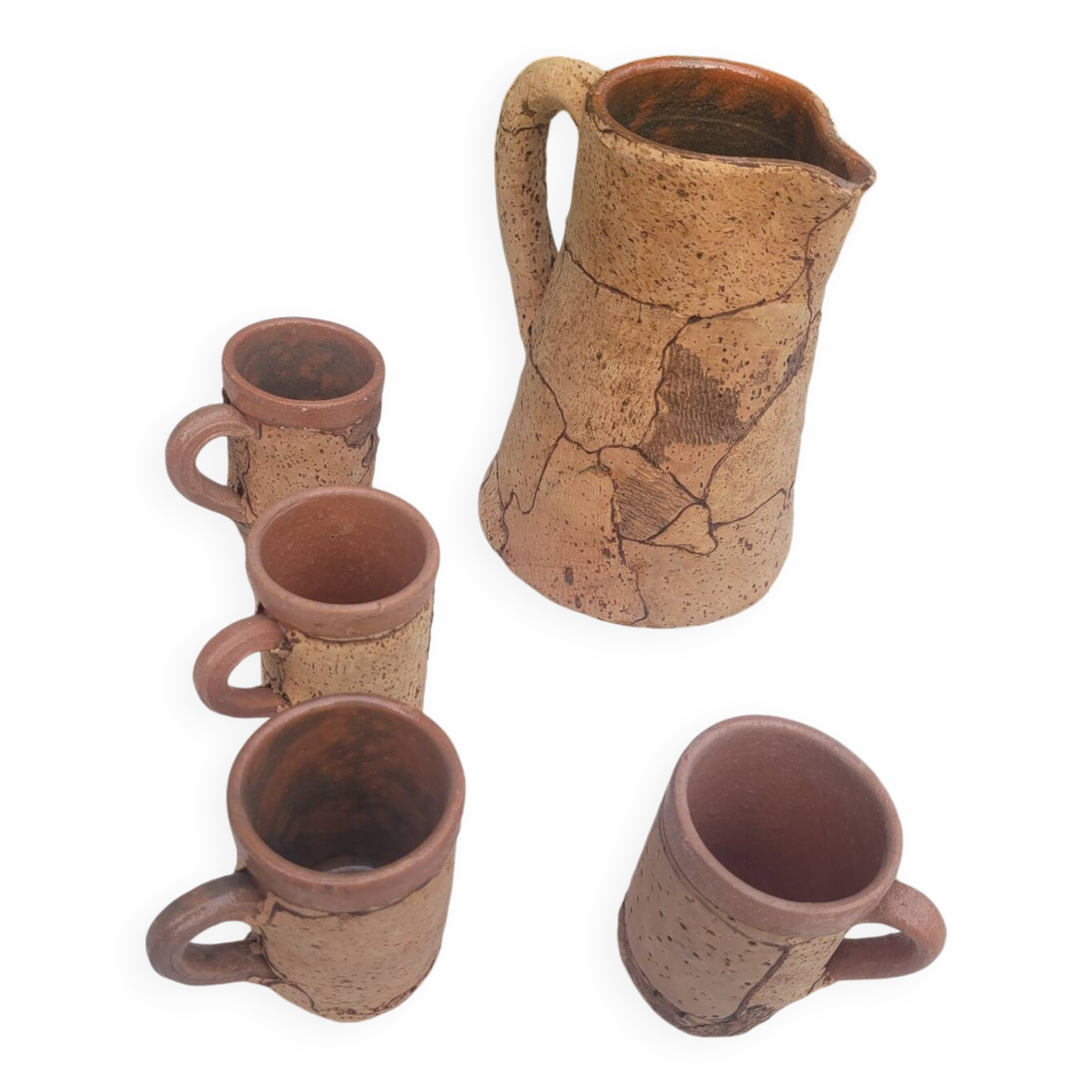 Set of old Corsican cork and terracotta handcrafted pitcher and cup