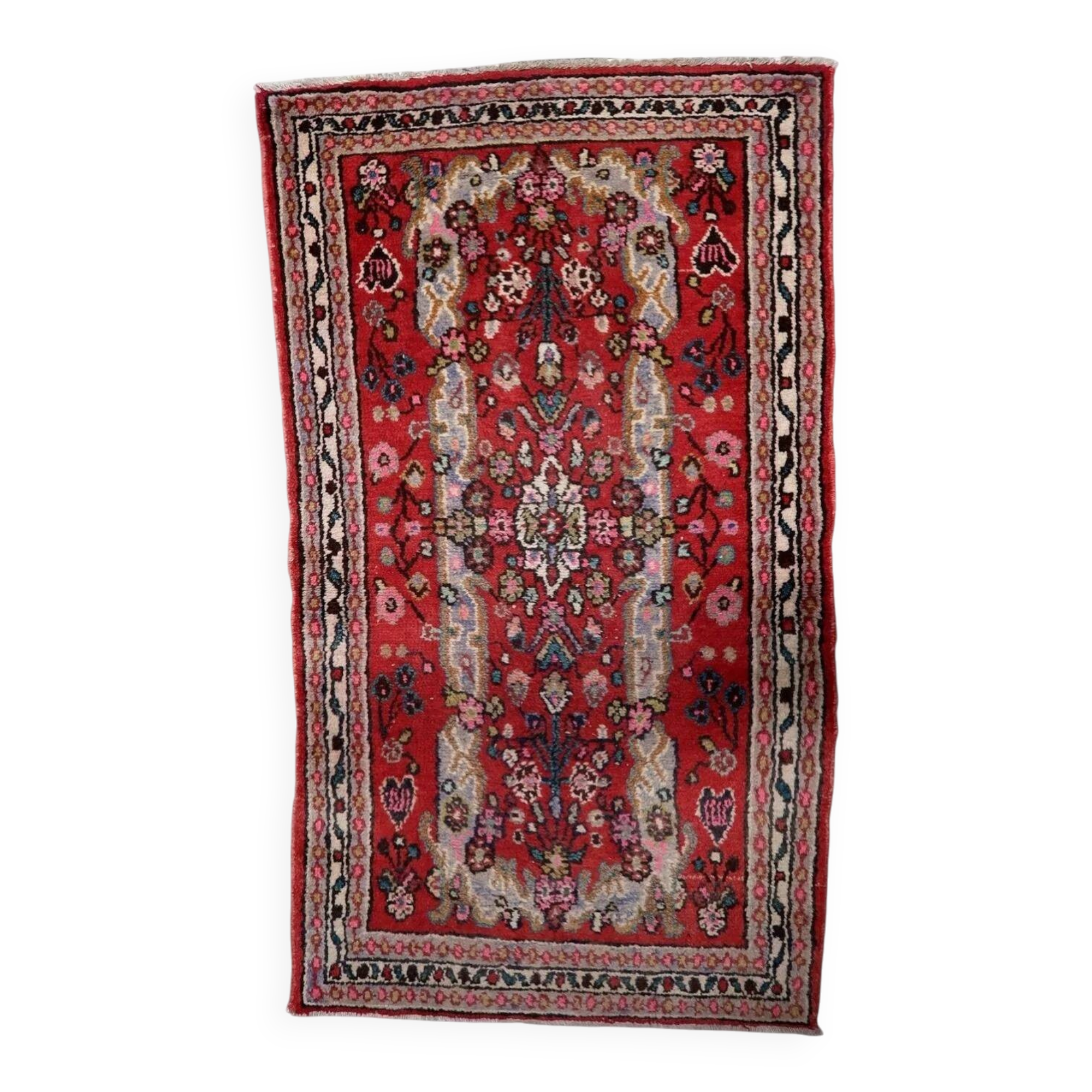1920s handmade antique wool floral medallion rug, red, 87 × 151 cm - 1C1297