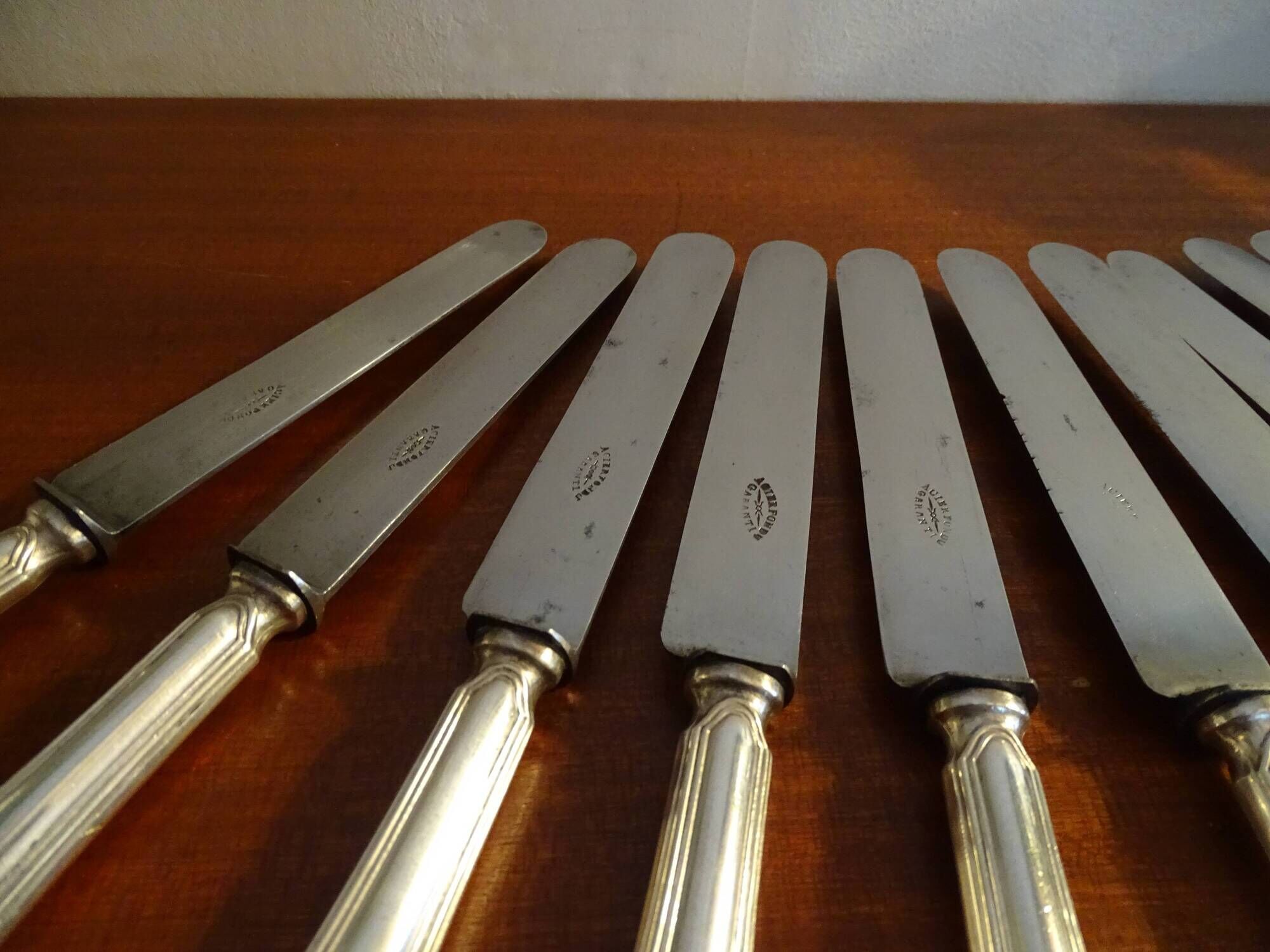 12 antique Art Deco knives silver metal and molten steel blades