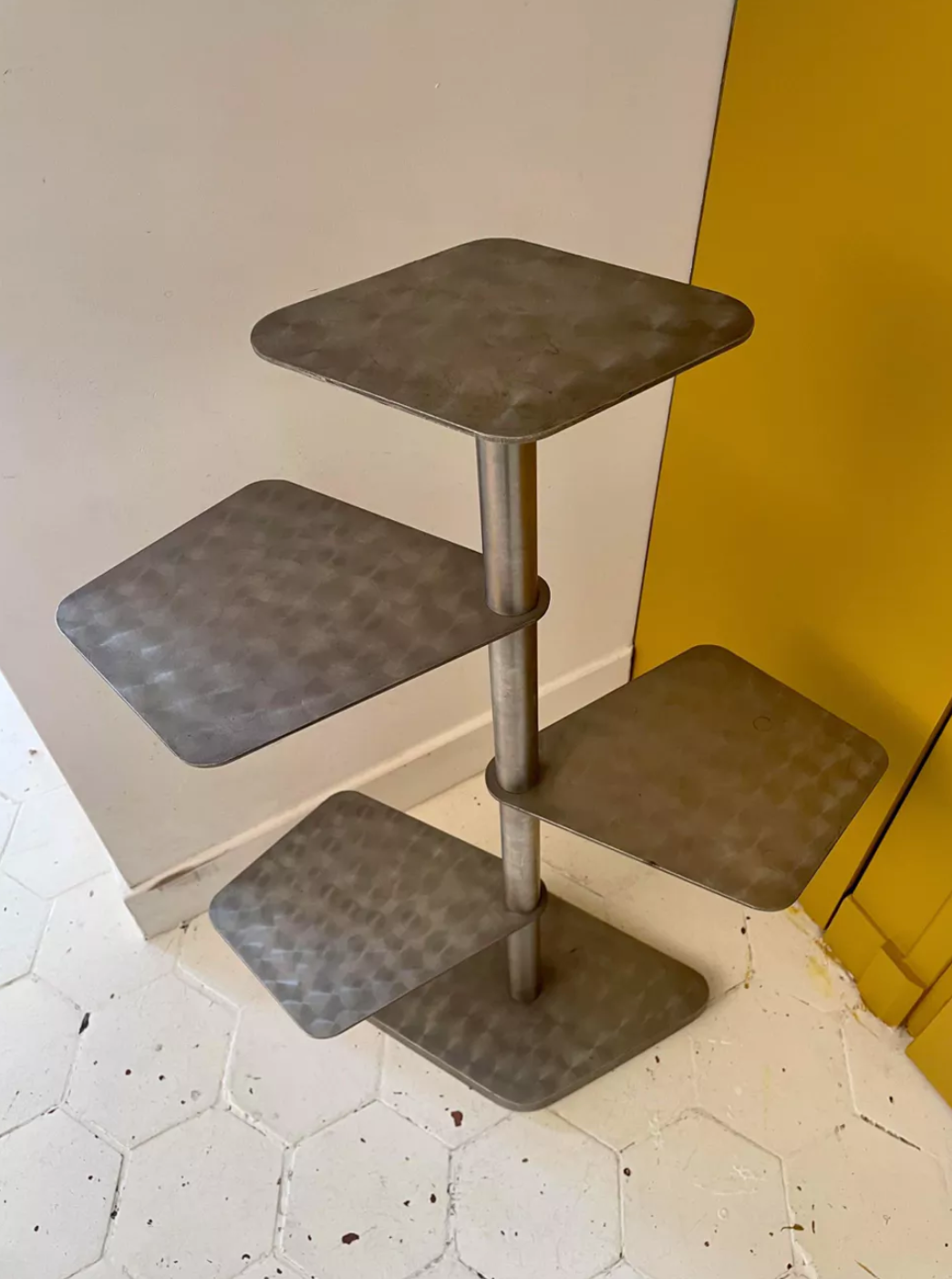 Modernist vintage side table, brushed chrome metal, France 1970