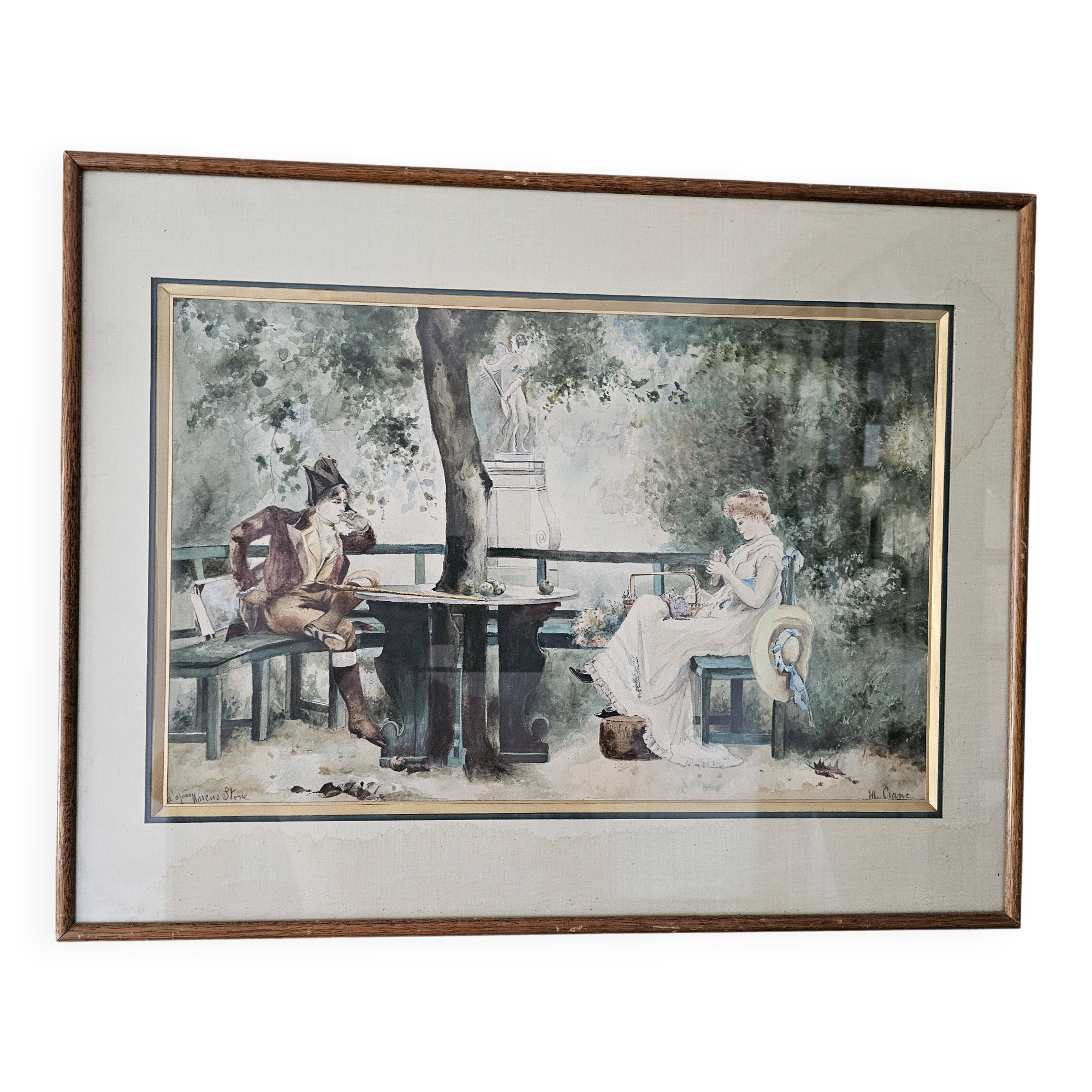 Tableau Aquarelle Scène Amoureux parc d'après Marcus Stone