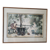 Watercolour painting of a romantic scene in a park after Marcus Stone.