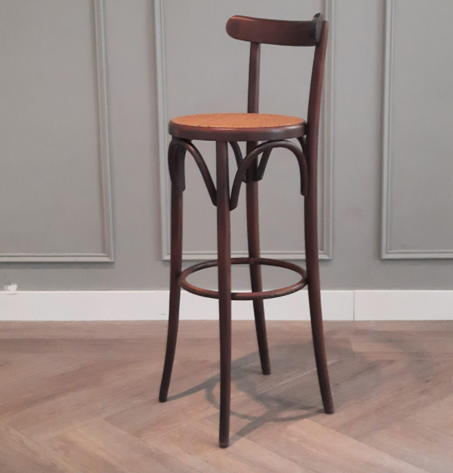 Set of 3 curved wooden bar stools with rattan seat 70s 80s