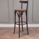 Set of 3 curved wooden bar stools with rattan seat 70s 80s