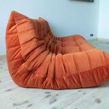3-seater Togo orange velvet sofa designed by Michel Ducaroy 1973