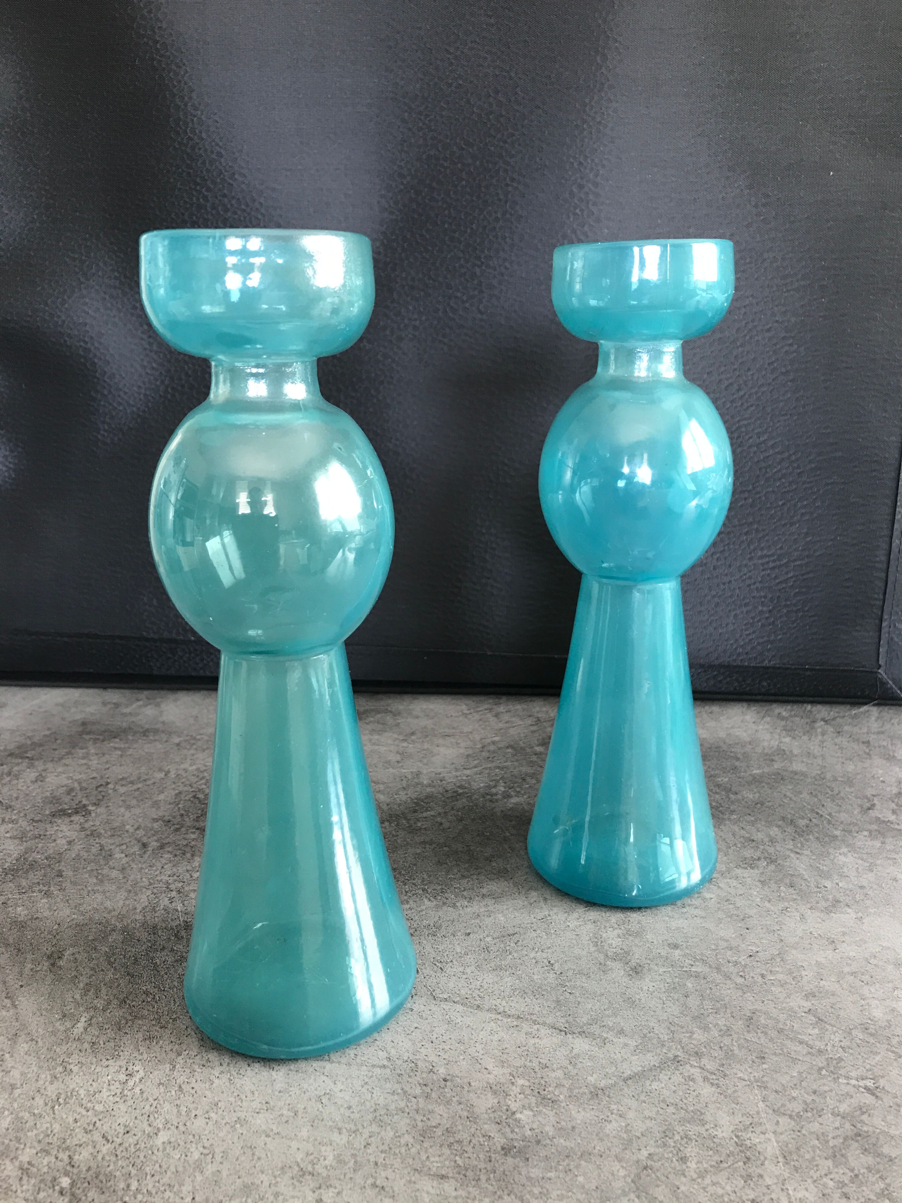 Pair of vintage candlesticks in molded glass turquoise blue 20 cm