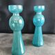 Pair of vintage candlesticks in molded glass turquoise blue 20 cm